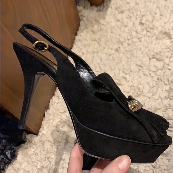 YSL black suede open-toe slingback heels - Picture 5 of 7